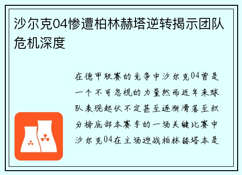 沙尔克04惨遭柏林赫塔逆转揭示团队危机深度