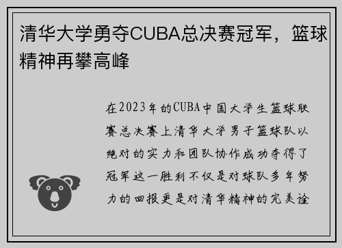 清华大学勇夺CUBA总决赛冠军，篮球精神再攀高峰